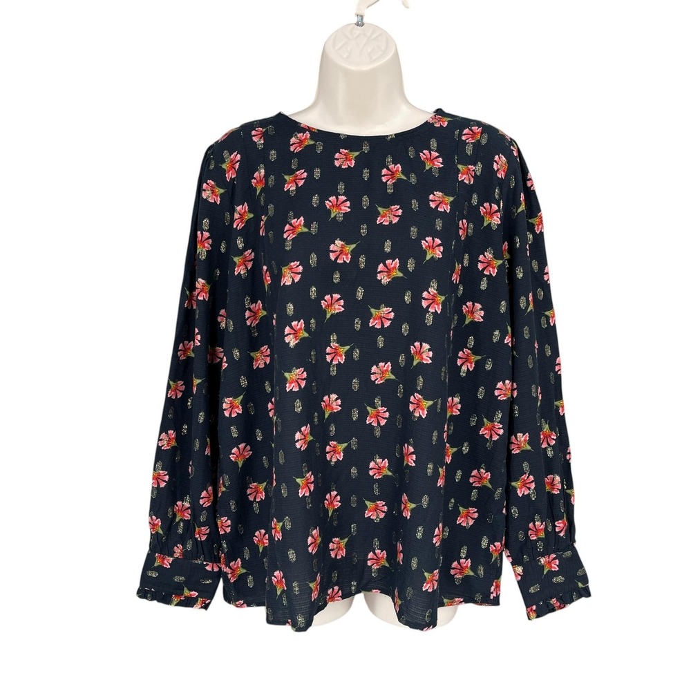 LOFT Coquette Shirt Women Size L Preppy Modest Floral Metallic LongSleeve Blouse